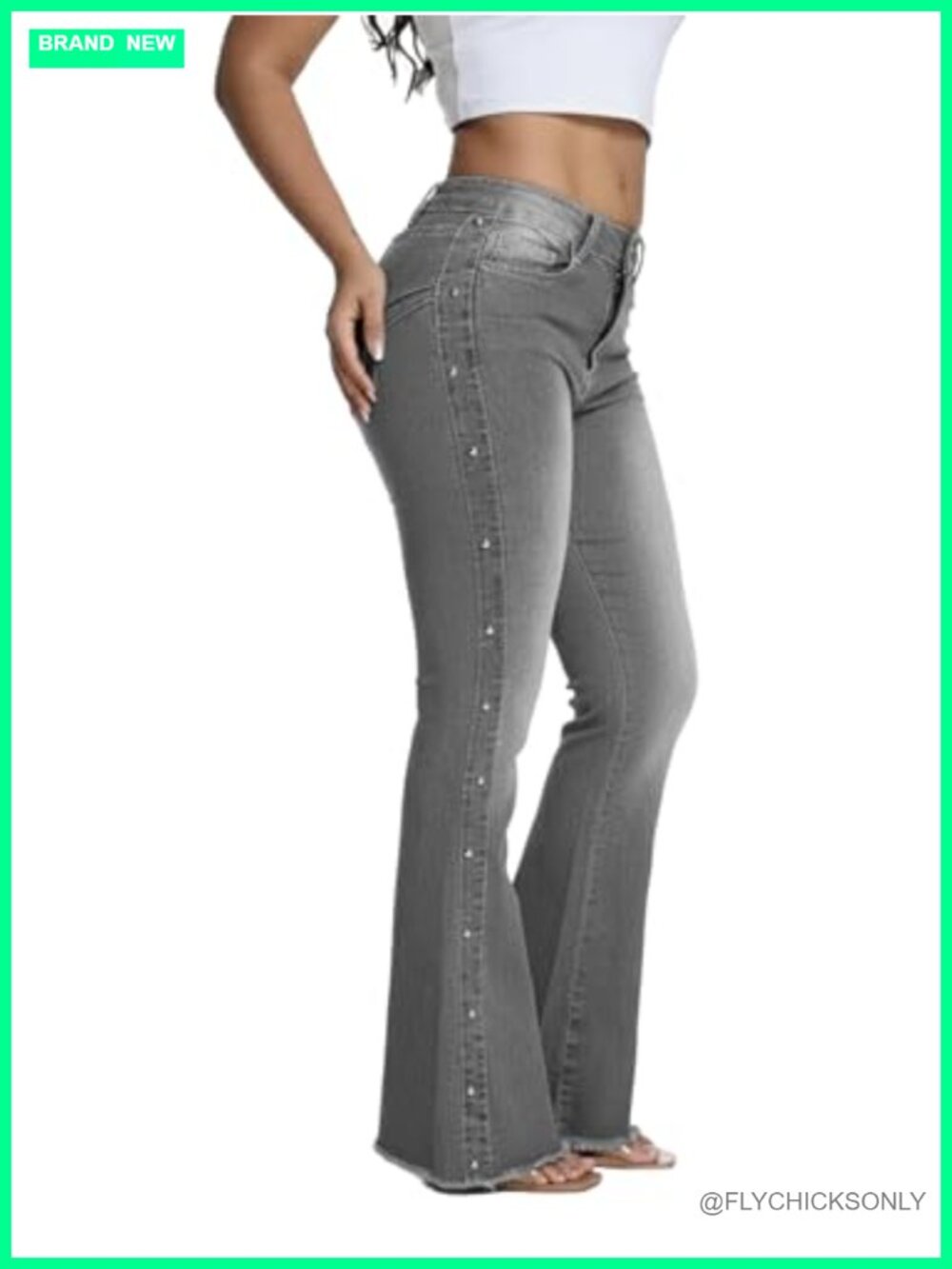 High-Waist Flare Jeans Studded Side Wide Leg Frayed Hem Stretch Denim